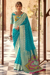 Turquoise Blue Banarasi Soft Silk Saree With Gold Zari