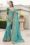 Turquoise Blue Banarasi Tissue Silk Saree With Embroidery