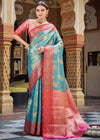 Turquoise Blue Woven Banarasi Silk Saree