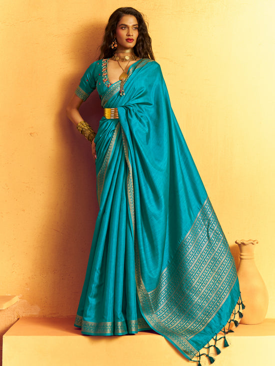 Turquoise Blue Woven Designer Tussar Silk Saree