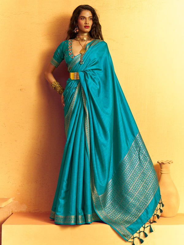 Turquoise Blue Woven Designer Tussar Silk Saree