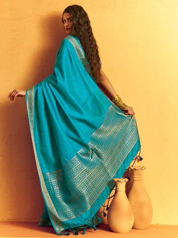 Turquoise Blue Woven Designer Tussar Silk Saree, back view