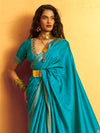 Turquoise Blue Woven Designer Tussar Silk Saree, pallu and blouse