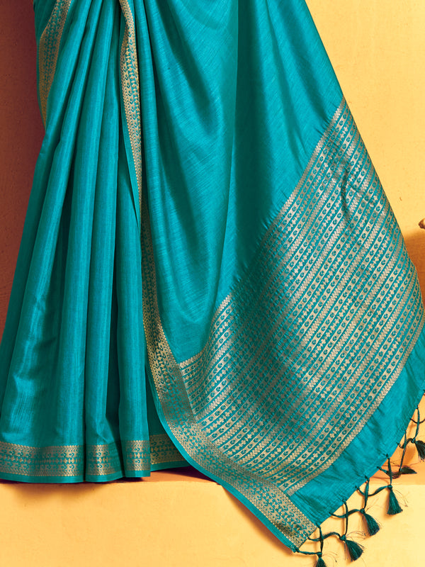 Turquoise Blue Woven Designer Tussar Silk Saree, border and drape