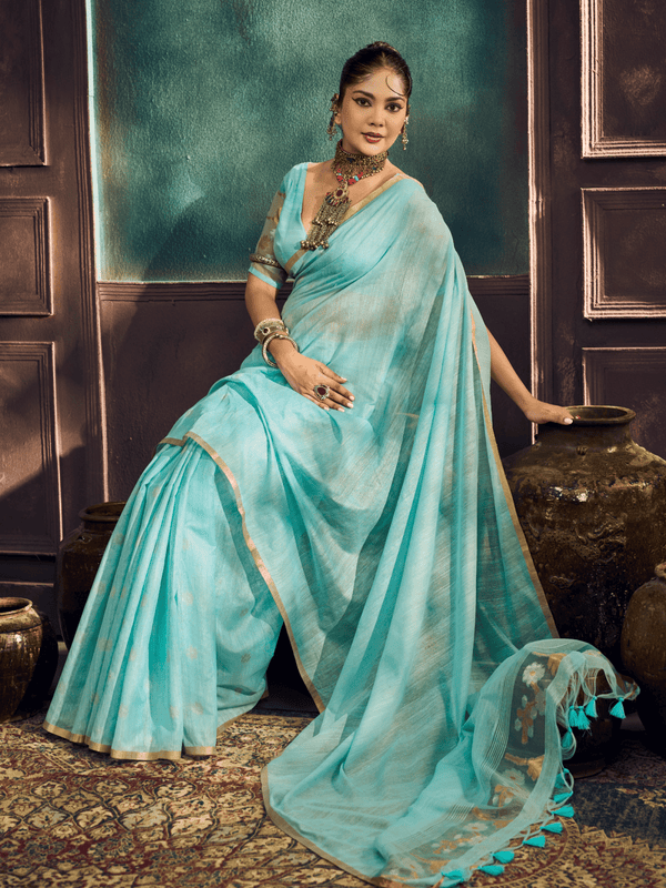 Turquoise Handloom Jamdani Slub Cotton Saree