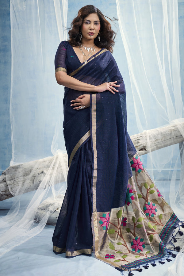 Midnight Navy Paithani Cotton Silk Saree