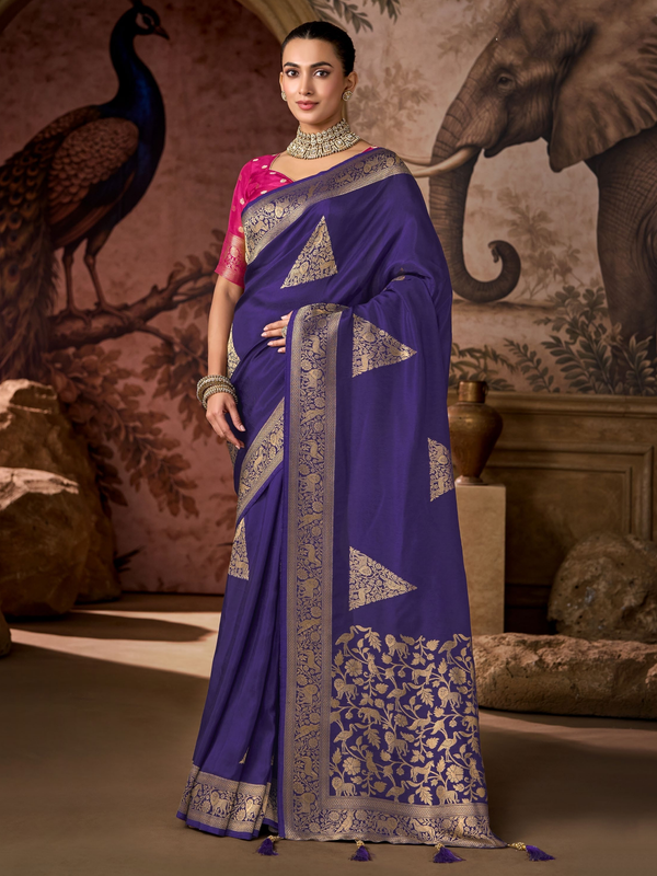Violet Banarasi Soft Silk Saree With Contrast Blouse