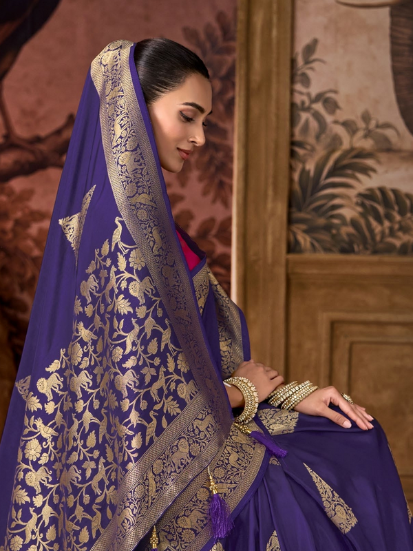 Violet Banarasi Soft Silk Saree With Contrast Blouse