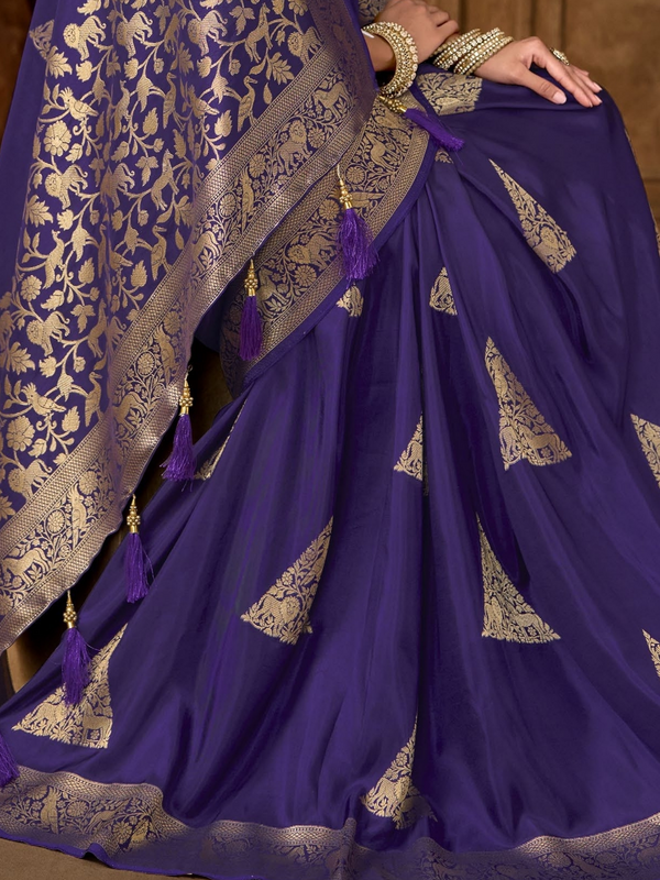 Violet Banarasi Soft Silk Saree With Contrast Blouse