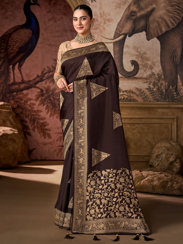 Chocolate Brown Banarasi Soft Silk Saree With Contrast Blouse
