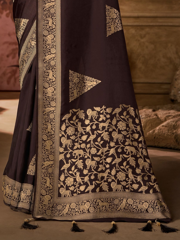 Chocolate Brown Banarasi Soft Silk Saree With Contrast Blouse