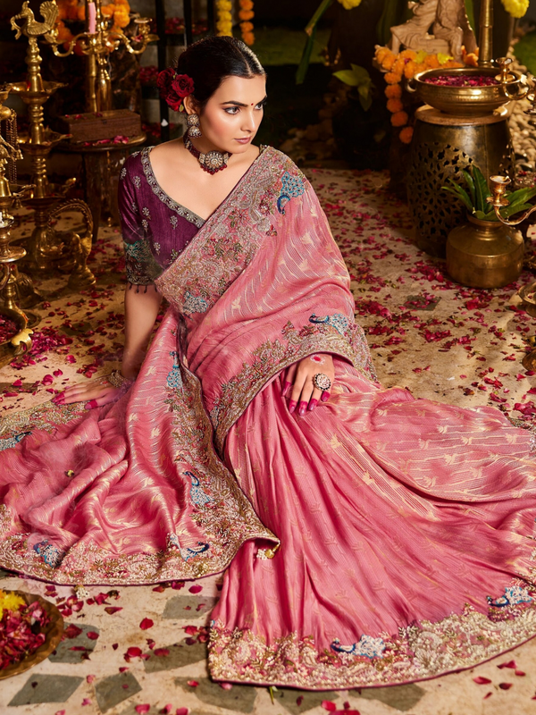 Rose Pink Banarasi Tissue Silk Saree With Contrast Blouse
