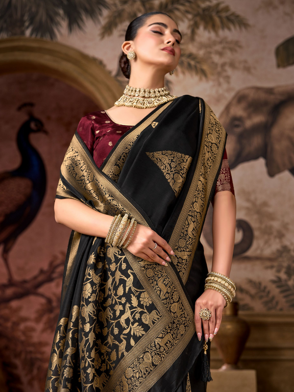 Black Banarasi Soft Silk Saree With Contrast Blouse