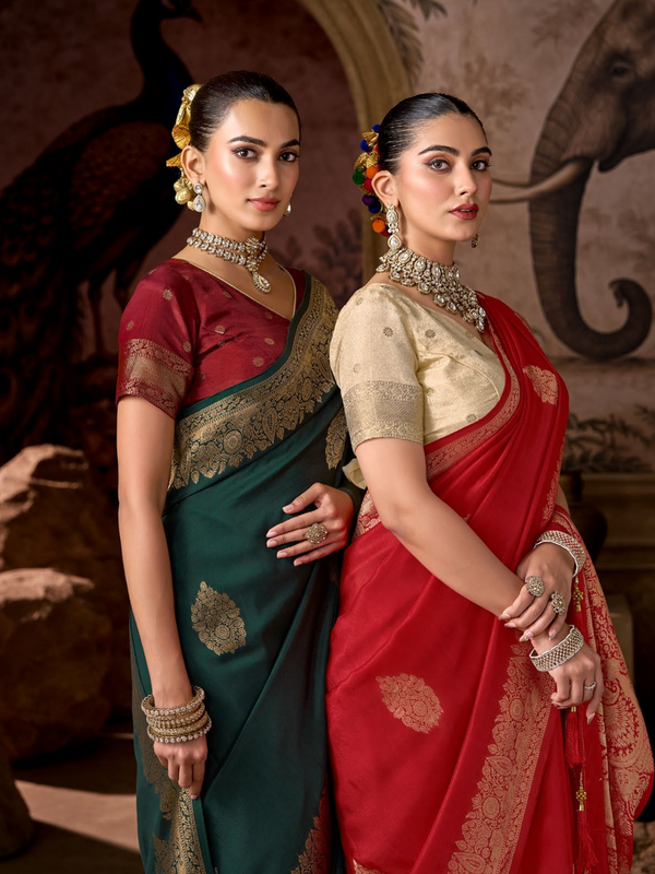 Bottle Green Banarasi Soft Silk Saree With Contrast Blouse