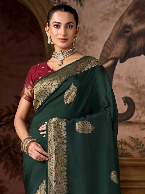 Bottle Green Banarasi Soft Silk Saree With Contrast Blouse