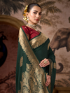 Bottle Green Banarasi Soft Silk Saree With Contrast Blouse