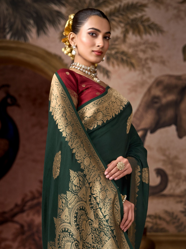 Bottle Green Banarasi Soft Silk Saree With Contrast Blouse