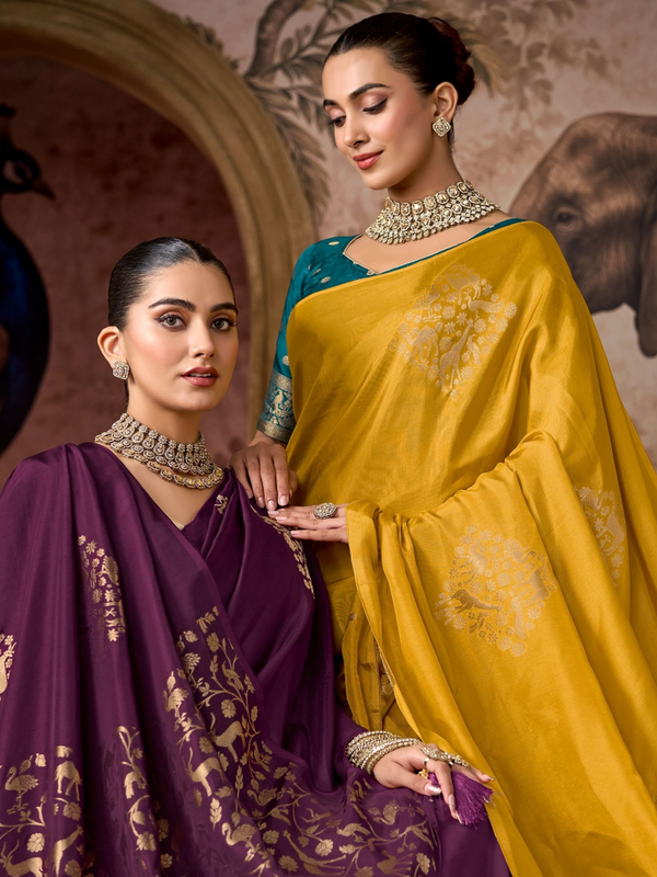 Plum Purple Banarasi Soft Silk Saree With Contrast Blouse
