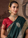 Bottle Green Banarasi Soft Silk Saree With Contrast Blouse
