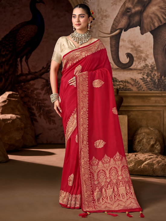 Crimson Red Banarasi Soft Silk Saree With Contrast Blouse