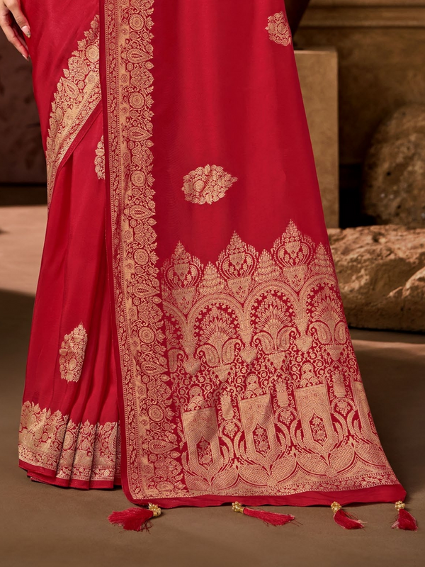 Crimson Red Banarasi Soft Silk Saree With Contrast Blouse