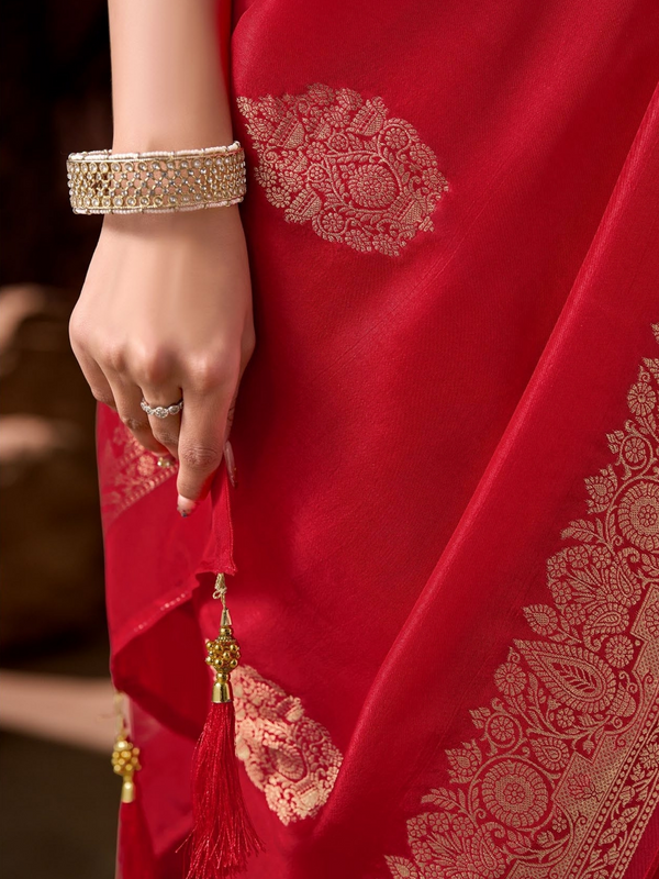Crimson Red Banarasi Soft Silk Saree With Contrast Blouse