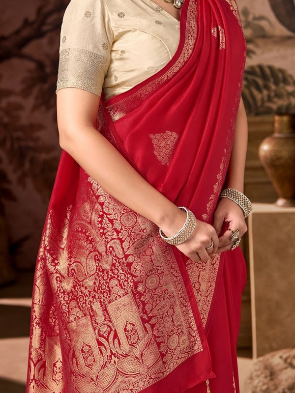 Crimson Red Banarasi Soft Silk Saree With Contrast Blouse