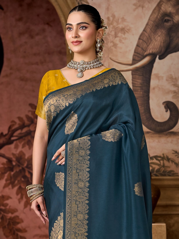 Peacock Blue Banarasi Soft Silk Saree With Contrast Blouse