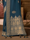 Peacock Blue Banarasi Soft Silk Saree With Contrast Blouse