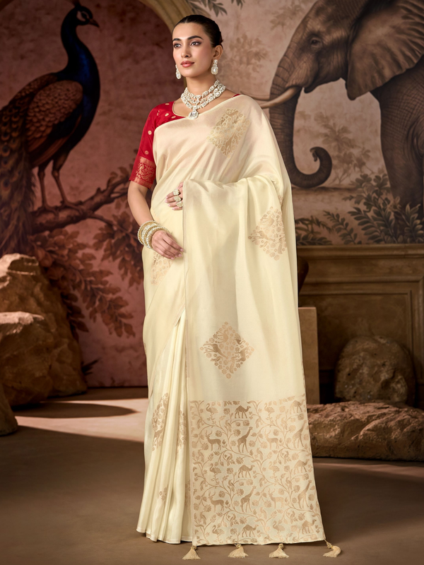 Cream Banarasi Soft Silk Saree With Contrast Blouse