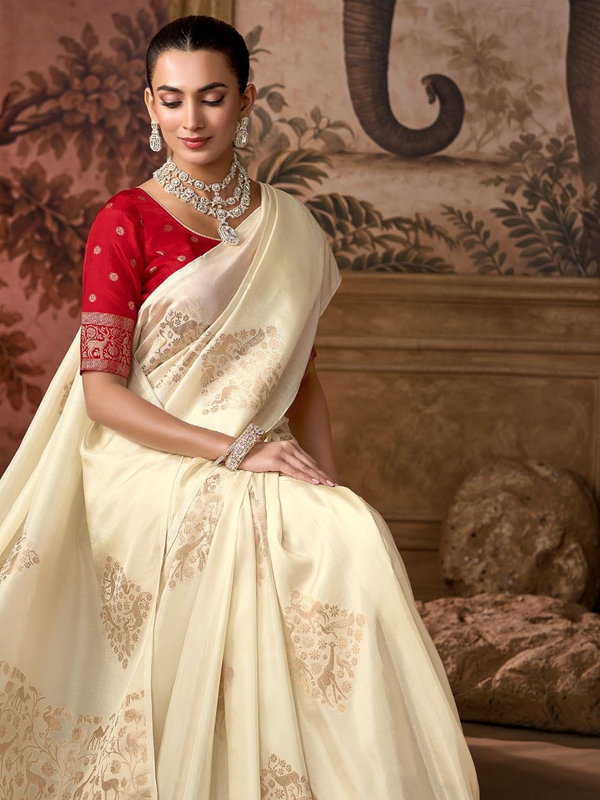 Cream Banarasi Soft Silk Saree With Contrast Blouse