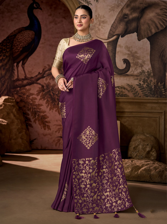 Plum Purple Banarasi Soft Silk Saree With Contrast Blouse