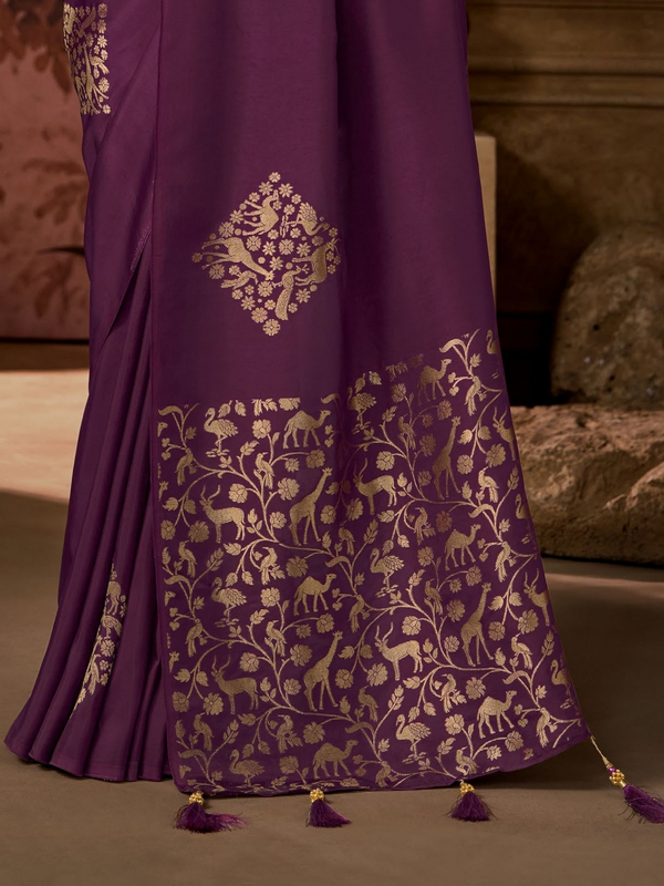 Plum Purple Banarasi Soft Silk Saree With Contrast Blouse