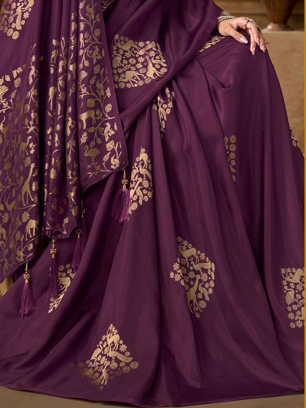 Plum Purple Banarasi Soft Silk Saree With Contrast Blouse