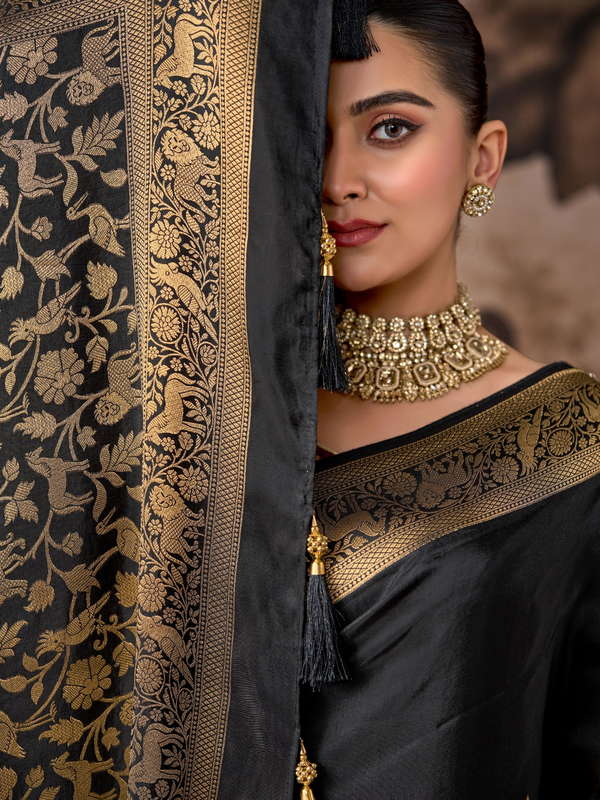Black Banarasi Soft Silk Saree With Contrast Blouse