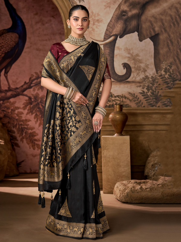 Black Banarasi Soft Silk Saree With Contrast Blouse