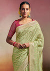 Vanilla Green Woven Soft Silk Banarasi Saree With Designer Blouse