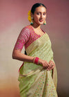 Vanilla Green Woven Soft Silk Banarasi Saree With Designer Blouse