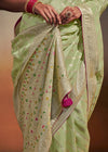 Vanilla Green Woven Soft Silk Banarasi Saree With Designer Blouse