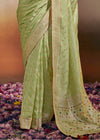 Vanilla Green Woven Soft Silk Banarasi Saree With Designer Blouse