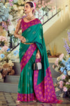 Vibrant Green Woven Banarasi Soft Silk Saree With Contrast Blouse