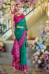 Vibrant Green Woven Banarasi Soft Silk Saree With Contrast Blouse