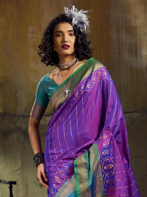 Violet Purple Kanjivaram Silk Saree With Contrast Blouse