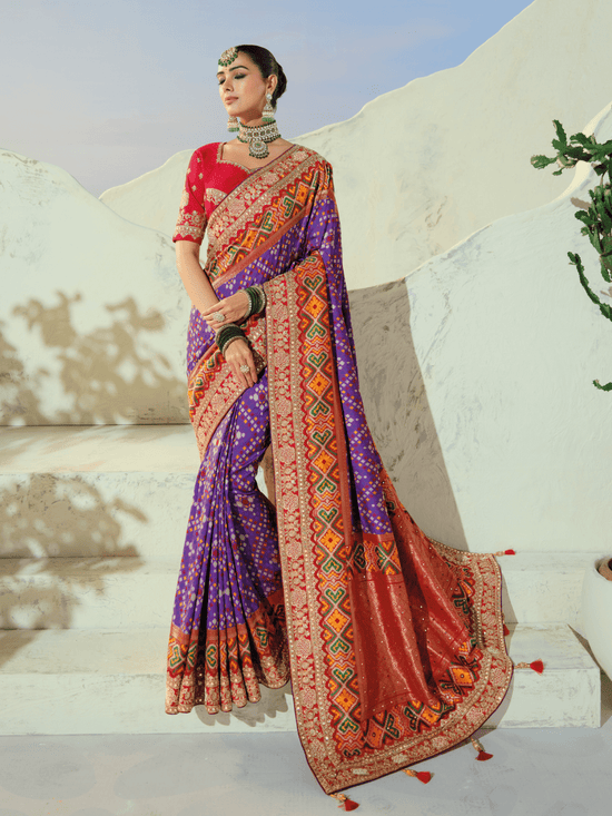 Violet Purple Patola Silk Saree With Contrast Blouse