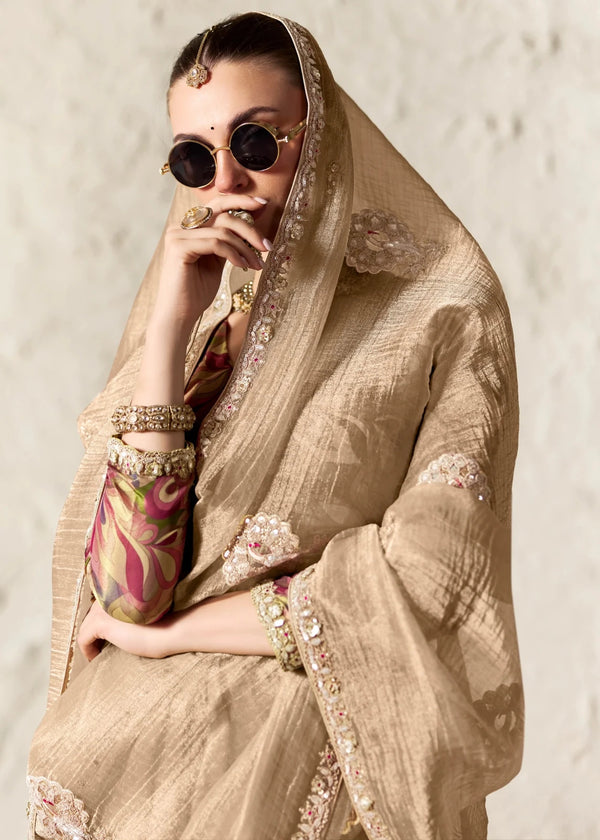 Warm Beige Designer Organza Saree with Multicolor Contrast Blouse