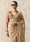 Warm Beige Designer Organza Saree with Multicolor Contrast Blouse