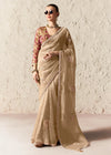 Warm Beige Designer Organza Saree with Multicolor Contrast Blouse