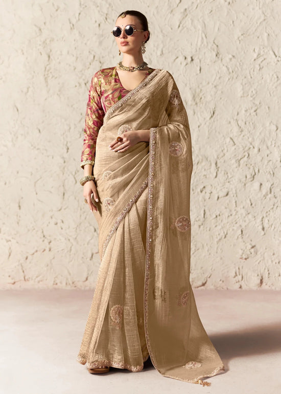 Warm Beige Designer Organza Saree with Multicolor Contrast Blouse