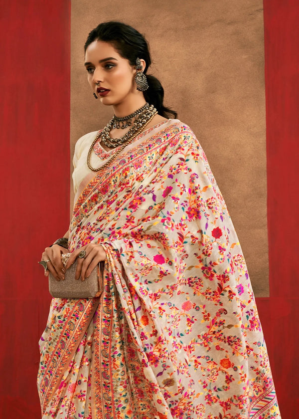 Warm Ivory Cream Kashmiri Chinar Cotton Pashmina Saree