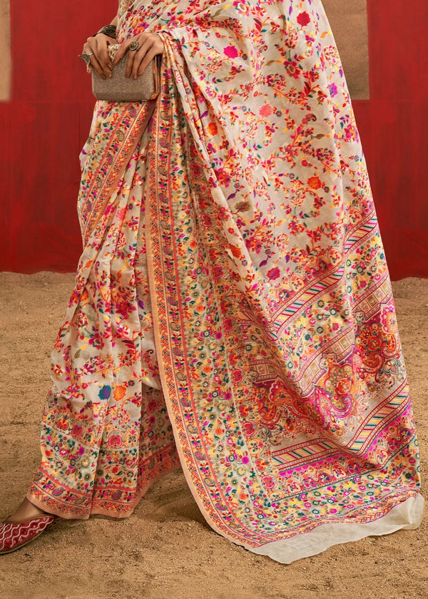 Warm Ivory Cream Kashmiri Chinar Cotton Pashmina Saree